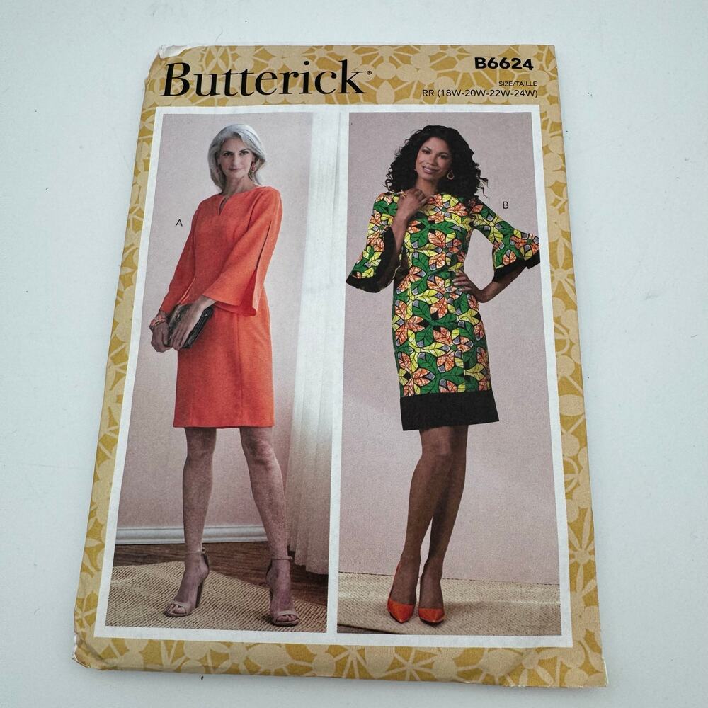 UNCUT Butterick B6624 Plus Size Dress Pattern 18W-24W Bell Sleeve Designs 2020